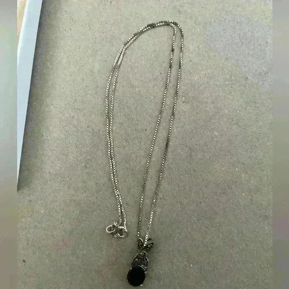 JC Sterling Silver Marcasite & Black Tourmaline Pendant Necklace 925 1.8g .75 In - Picture 2 of 4